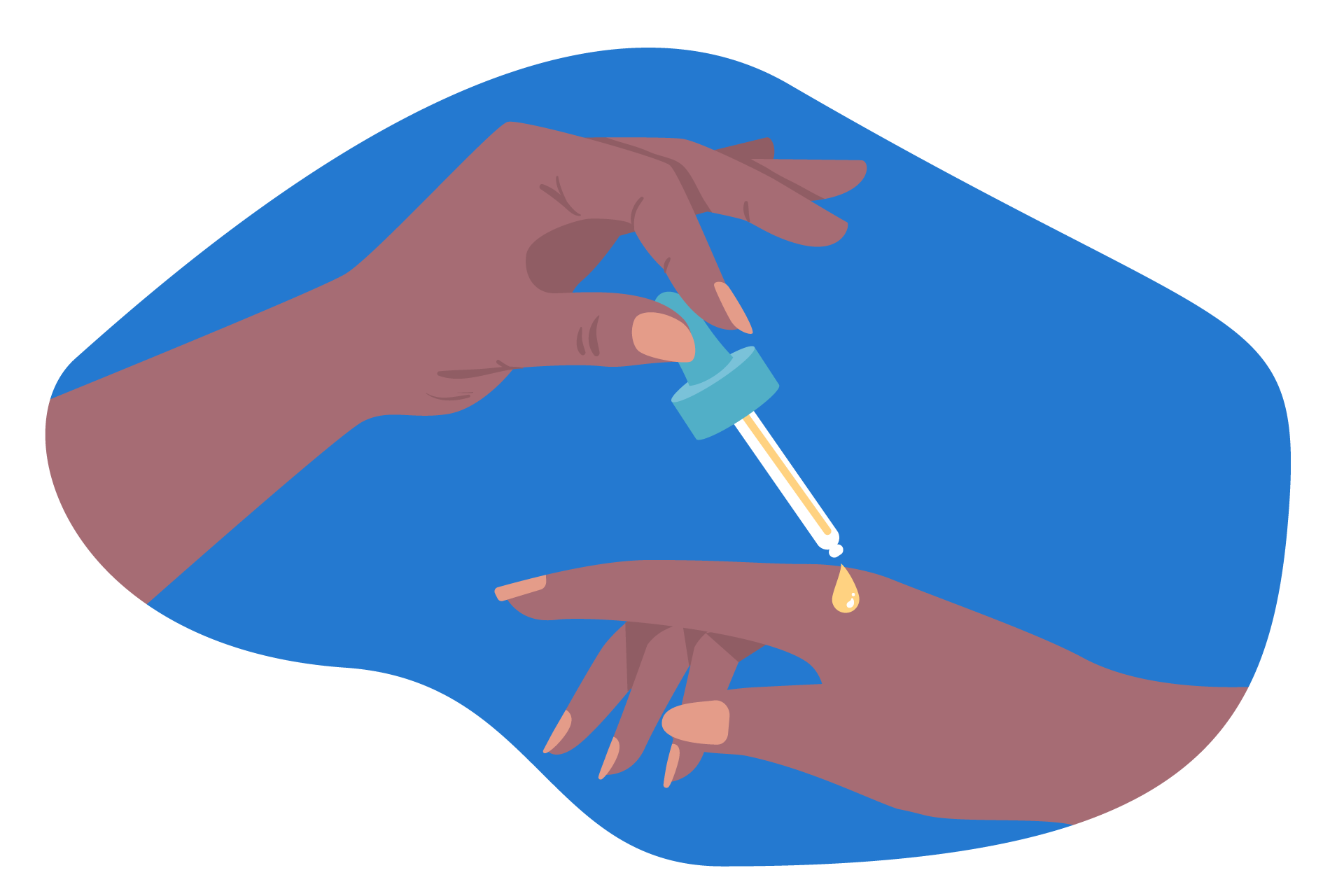 Ilustração de mão a colocar uma gota de óleo essencial sobre a outra mão, com a ajuda de um doseador.